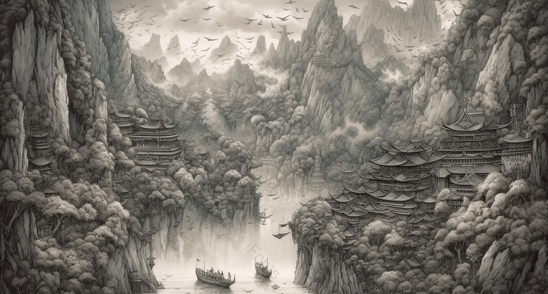 古法森林林中亭阁新中式水墨意境山水画,插画/手绘图,插画/手绘图库,插画/手绘图下载,插画/手绘